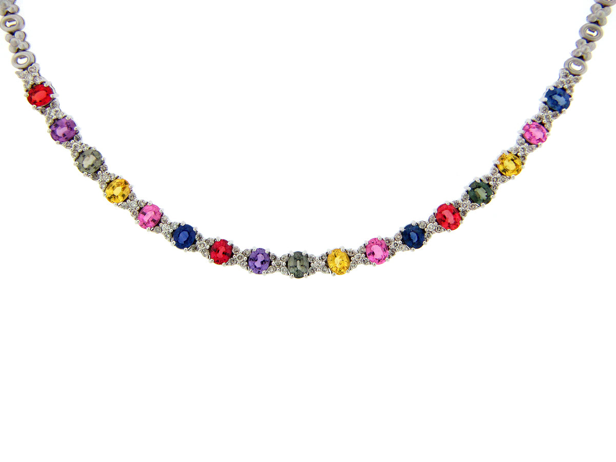 RAINBOW SAPPHIRE & DIAMOND NECKLACE, 18KW (H/U)