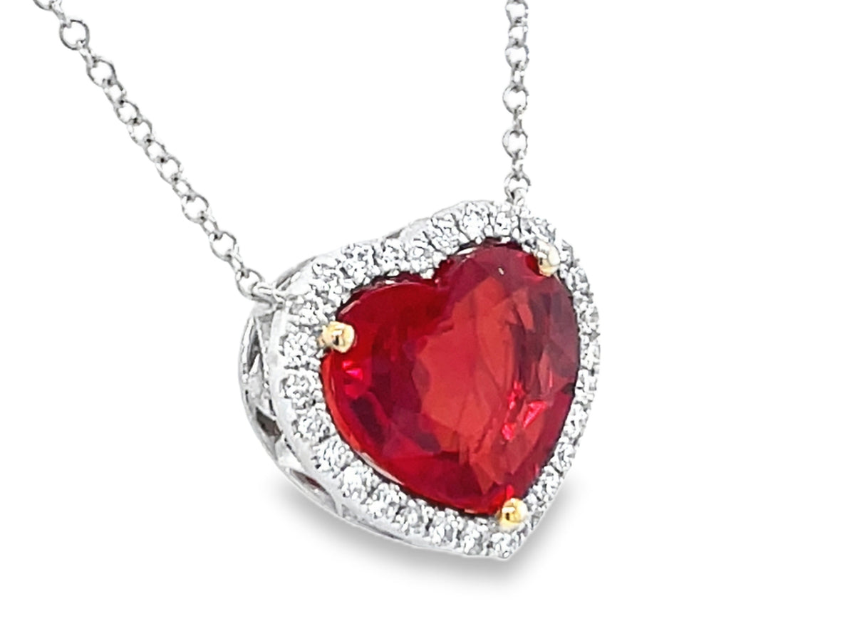 RED ORANGE SAPPHIRE HEART & DIAMOND HALO PENDANT NECKLACE, 18"/17"/16"