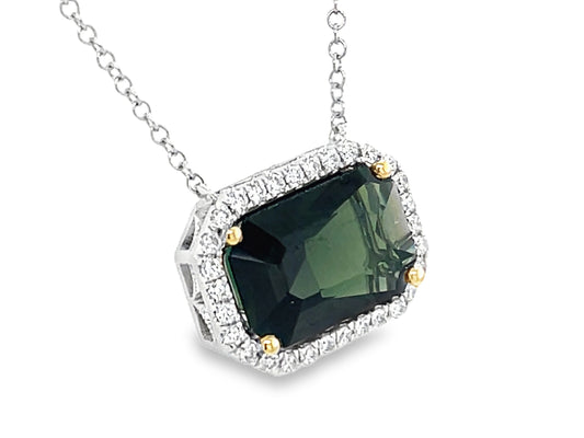 GREEN SAPPHIRE E/C & DIAMOND HALO PENDANT NECKLACE, 18"/17"/16"