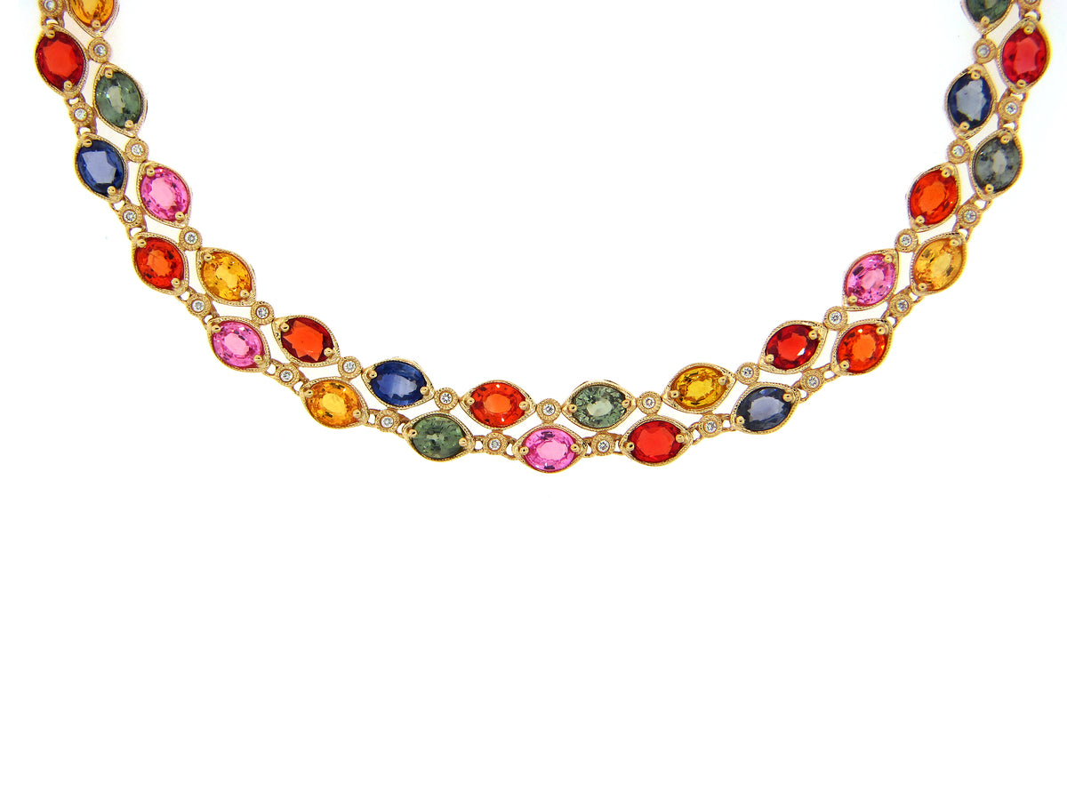 RAINBOW SAPPHIRE & DIAMOND 2 ROW 20" NECKLACE, 14KY (H/U)