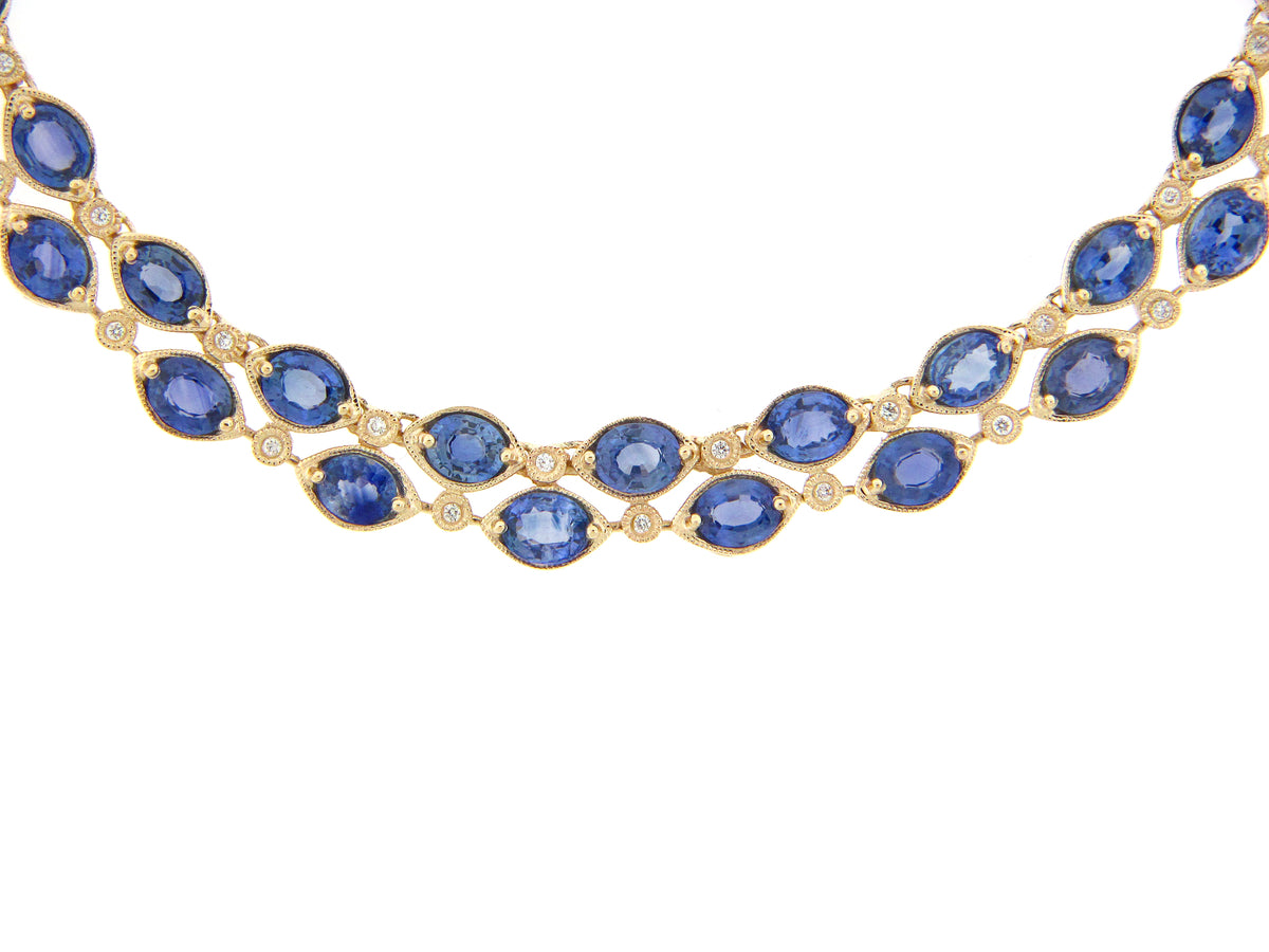 SAPPHIRE & DIAMOND 2 ROW MEDIUM BLUE NECKLACE, 14KY (H)