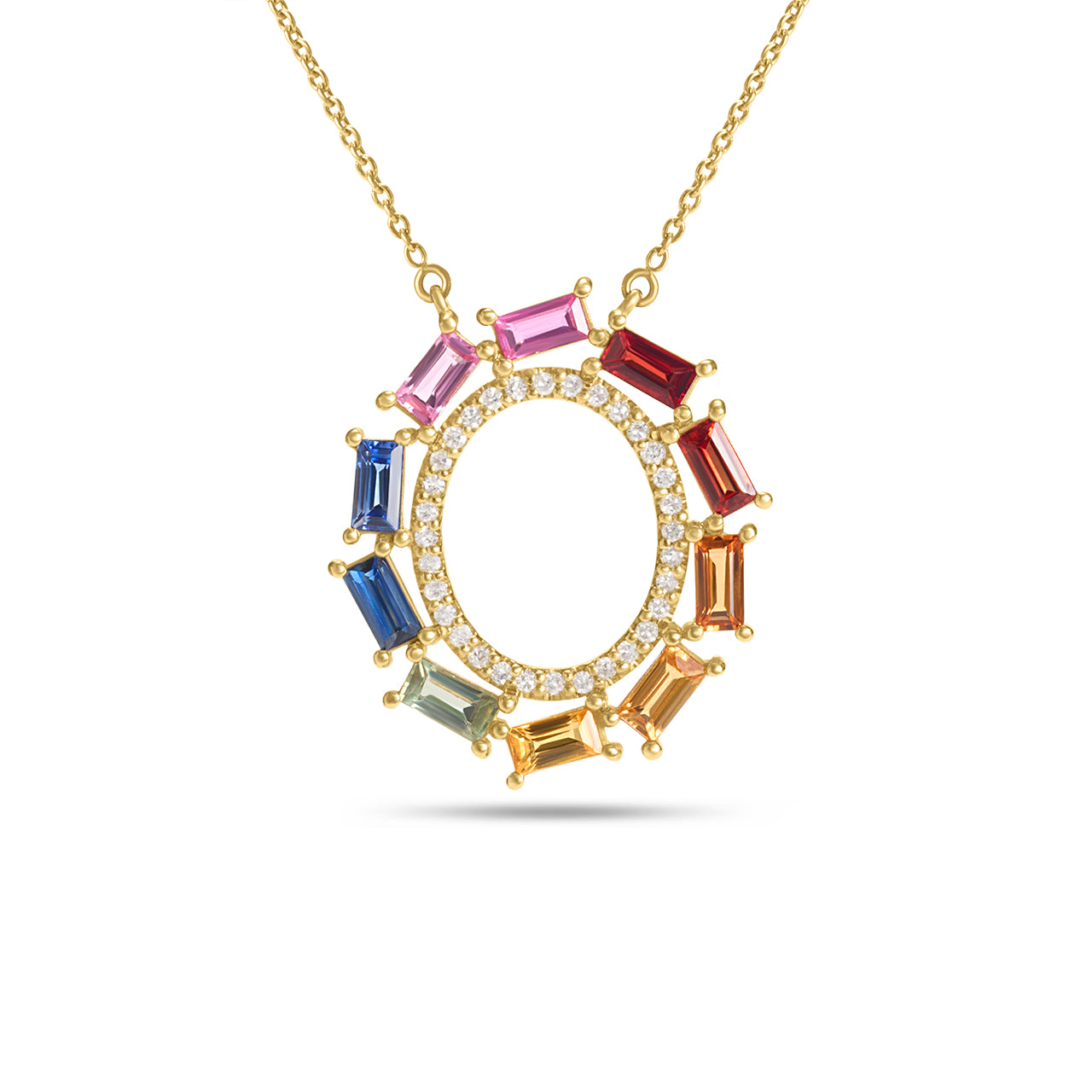 Rainbow Sapphire & Diamond Baguette Oval Necklace