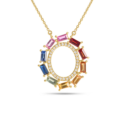 Rainbow Sapphire & Diamond Baguette Oval Necklace