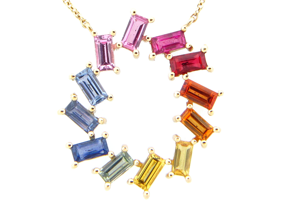 RAINBOW SAPPHIRE BAGUETTE PIN WHEEL PENDANT NECKLACE, 18"/17"/16", 14KY (H/U)