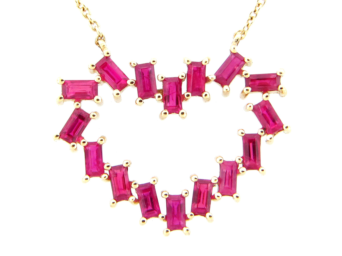 RUBY BAGUETTE HEART PENDANT NECKLACE, 18"/17"/16", 14KY (H)