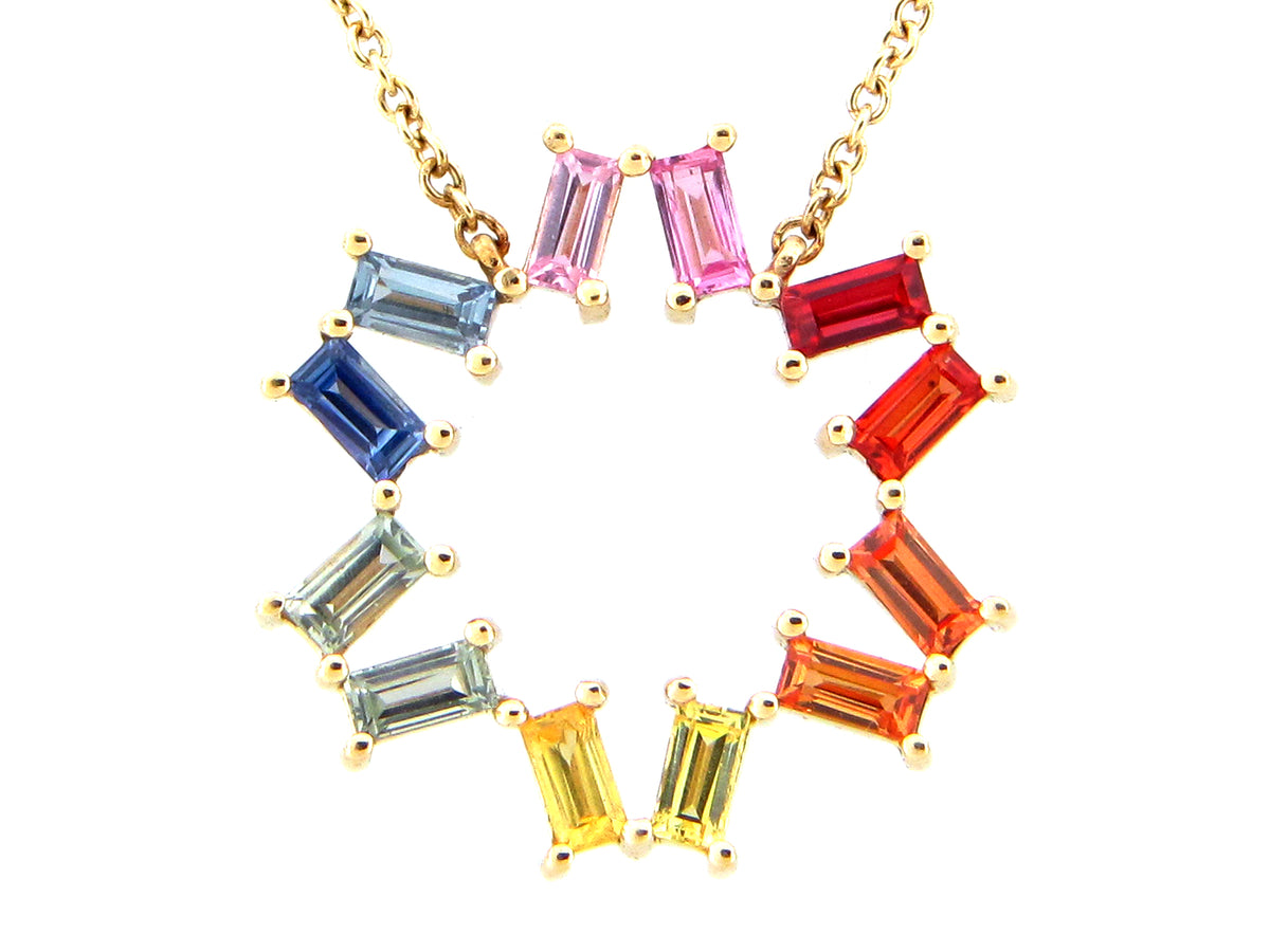 RAINBOW SAPPHIRE BAGUETTE 6 POINT PENDANT NECKLACE, 18"/17"/16", 14KY (H/U)