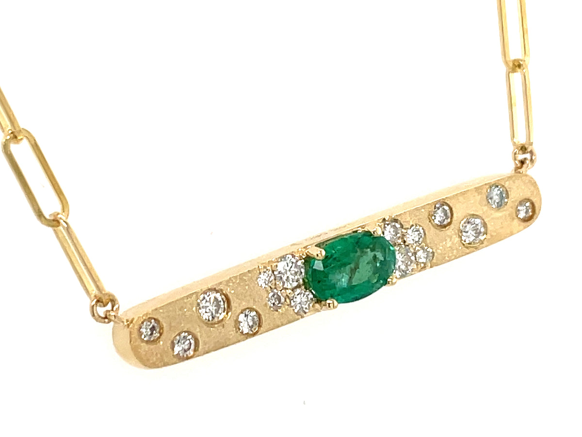 EMERALD OVAL & DIAMOND BAR NECKLACE, 30X4MM, SATIN FINISH, 18" PAPERCLIP CHAIN, 14KY (O)