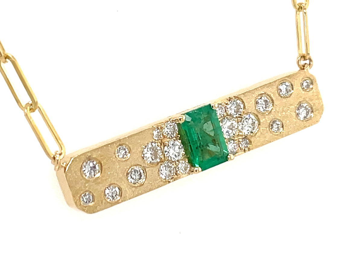 EMERALD CUT EMERALD & DIAMOND BAR NECKLACE, 30X6MM, SATIN FINISH, 18" PAPERCLIP CHAIN, 14KY (O)
