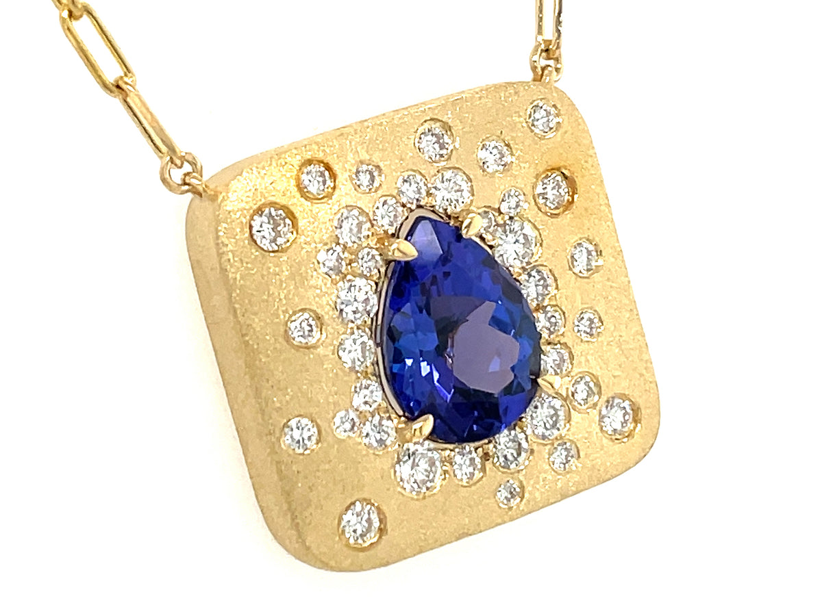 TANZANITE PEAR & DIAMOND CUSHION CONFETTI NECKLACE, 18" PAPER CLIP CHAIN,  SATIN FINISH