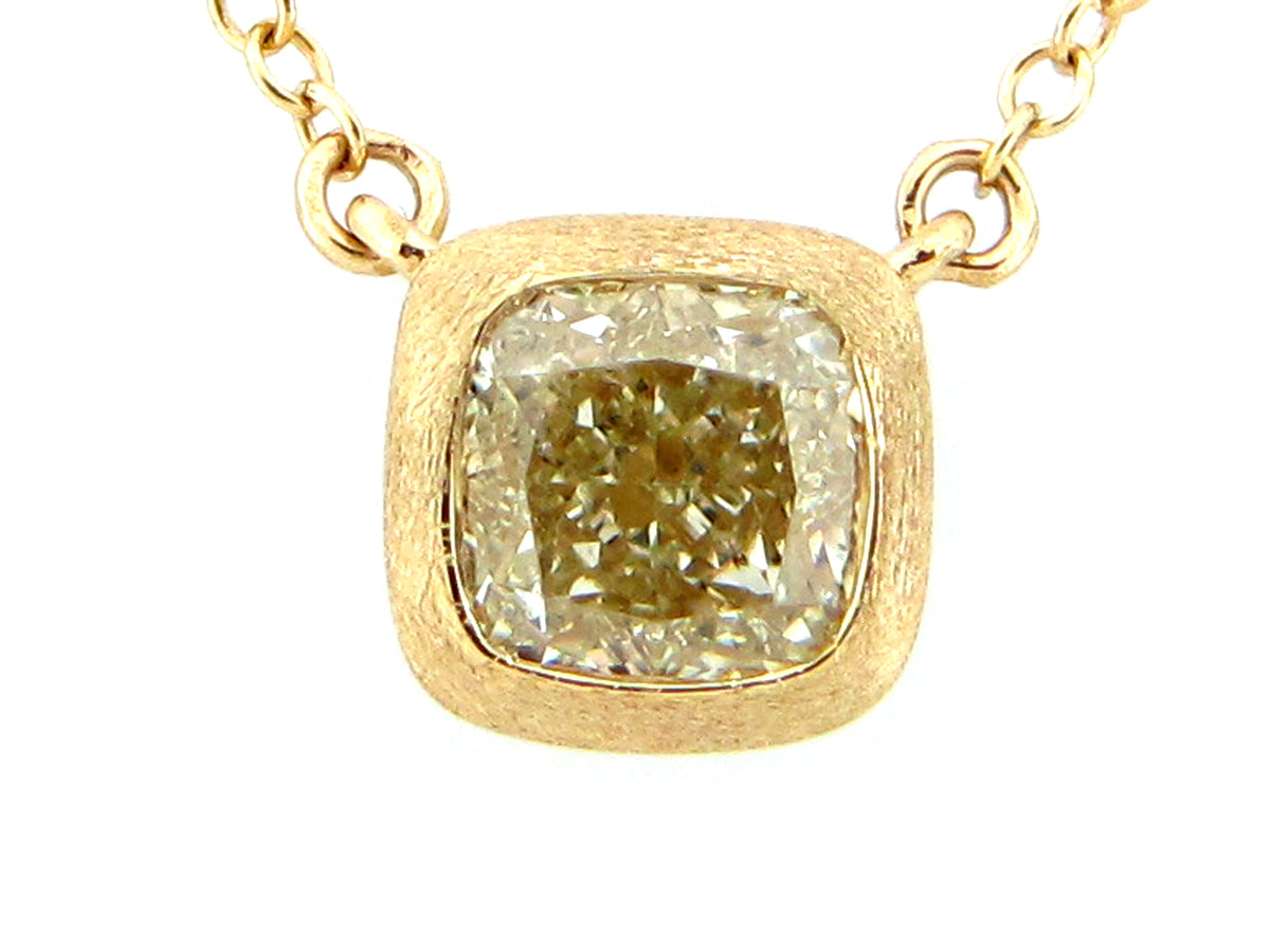 FANCY LIGHT YELLOW CUSHION DIAMOND PENDANT NECKLACE, 18"/17"/16", 14KY (N)