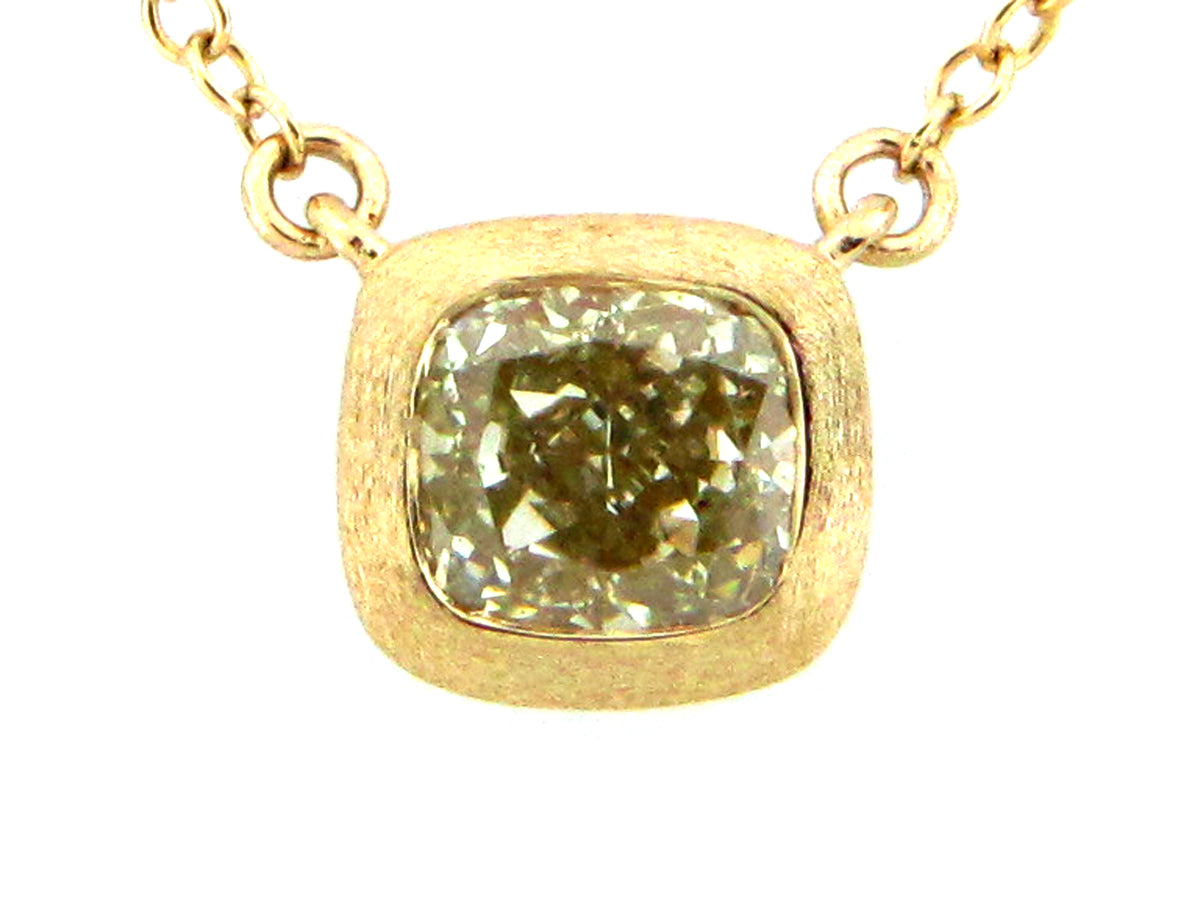 FANCY LIGHT YELLOW CUSHION DIAMOND PENDANT NECKLACE, 18"/17"/16", 14KY (N)