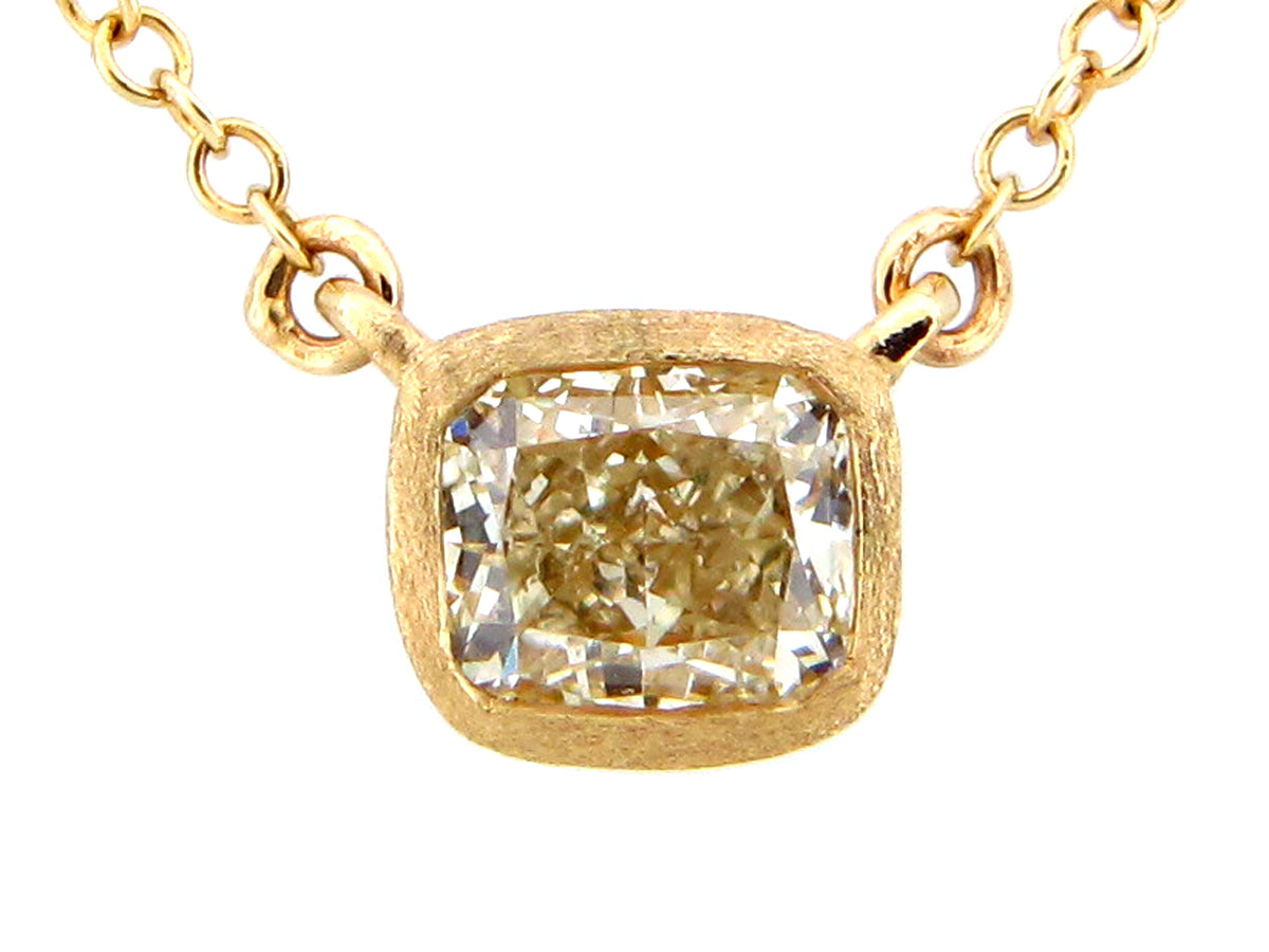 FANCY LIGHT YELLOW CUSHION DIAMOND PENDANT NECKLACE, 18"/17"/16", SATIN FINISH, 14KY (N)