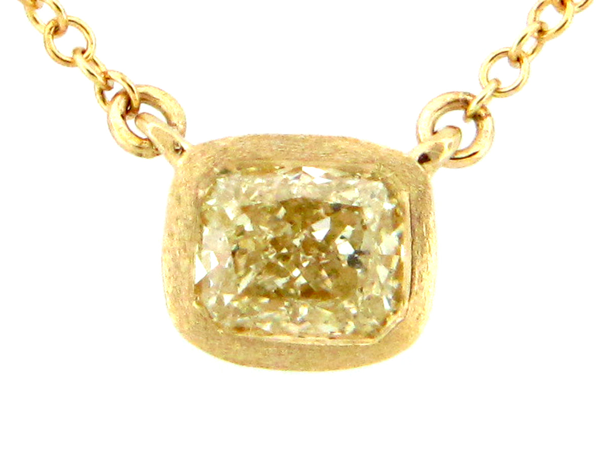 FANCY LIGHT YELLOW CUSHION DIAMOND PENDANT NECKLACE, 18"/17"/16", SATIN FINISH,  14KY (N)
