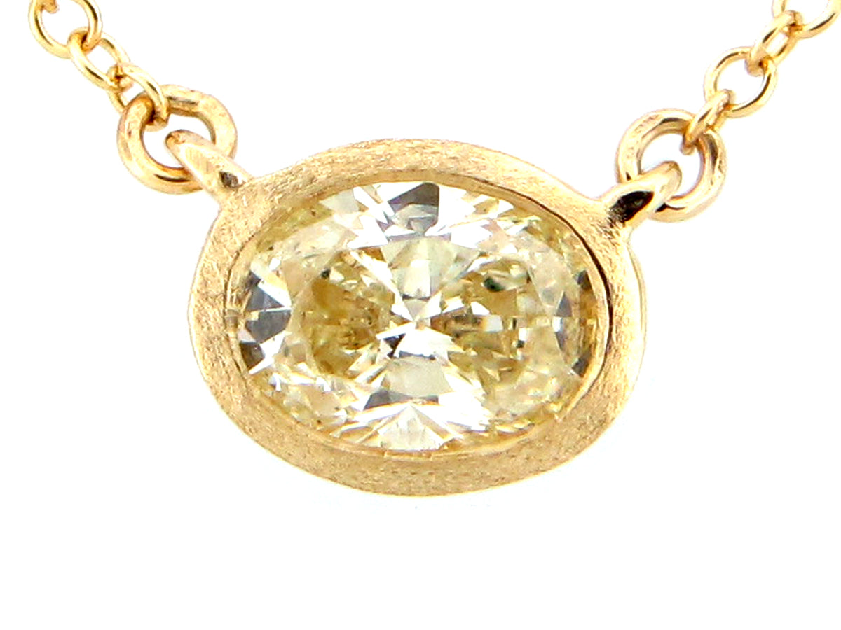 FANCY LIGHT YELLOW DIAMOND OVAL PENDANT NECKLACE, 18'/17"/16", SATIN FINSIH, 14KY (N)