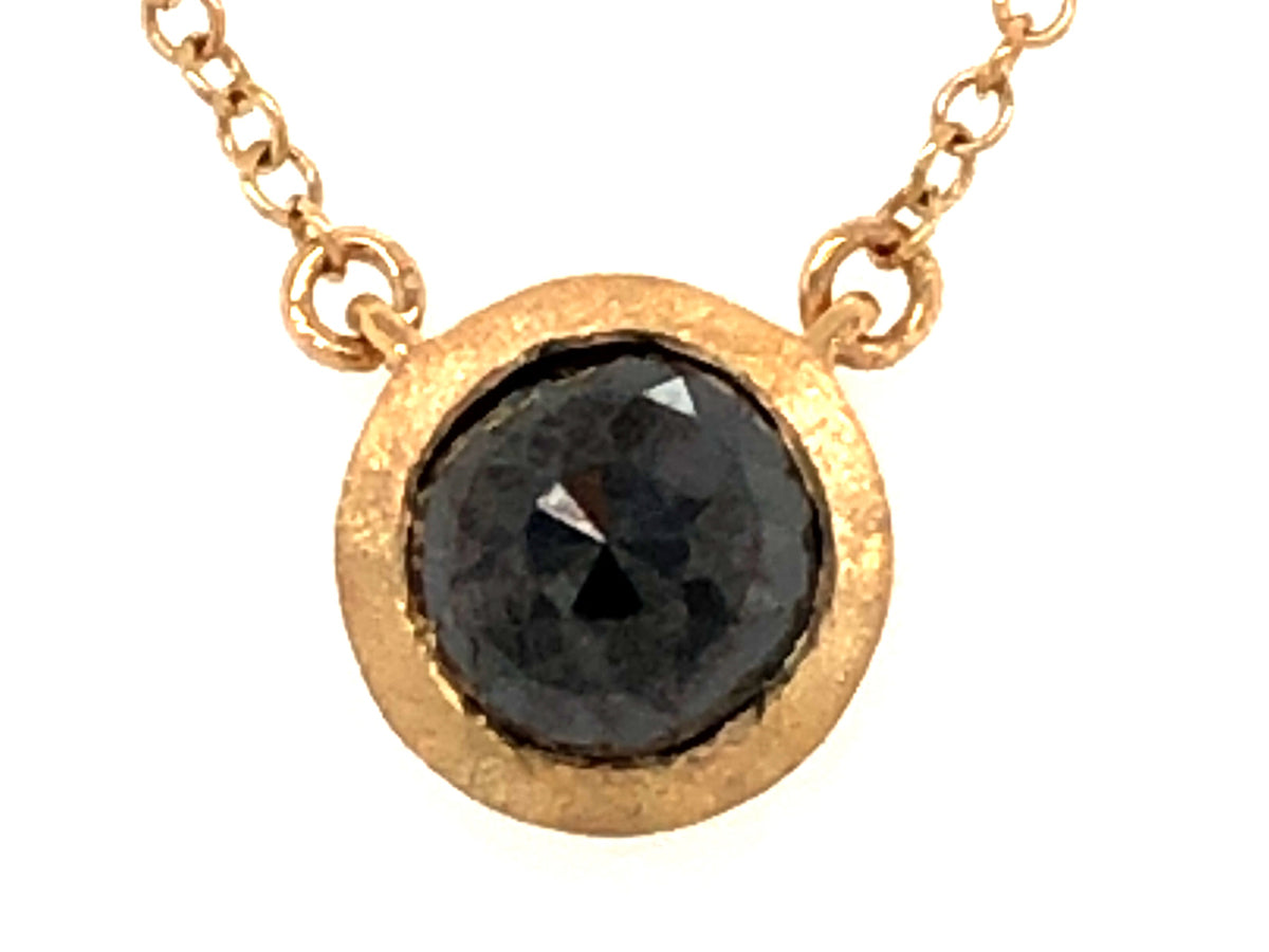 ROSE CUT BLACK DIAMOND BEZEL PENDANT NECKLACE, 16"/15", SATIN FINISH, 18KY (R)
