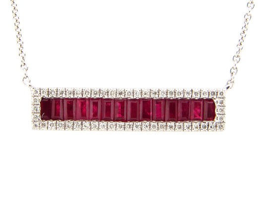 RUBY & DIAMOND BAR NECKLACE, 18"/17"/16", 14KW (H)