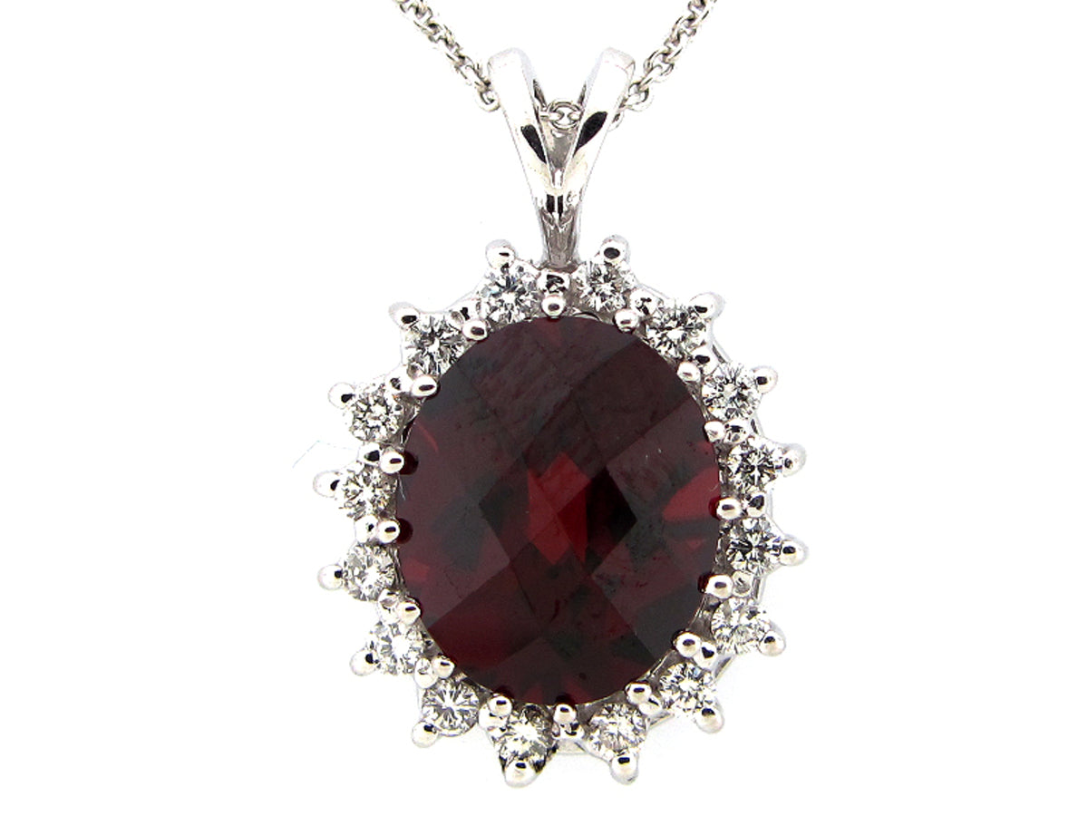 GARNET & DIAMOND PENDANT, 14KW (N)