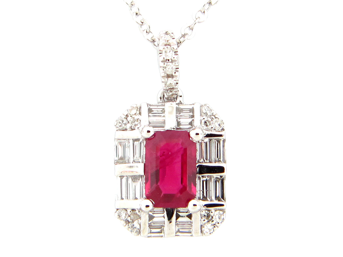RUBY EMERALD CUT & DIAMOND BAGUETTE ROUND HALO PENDANT, 18" BOLO CHAIN, 14KW (H)