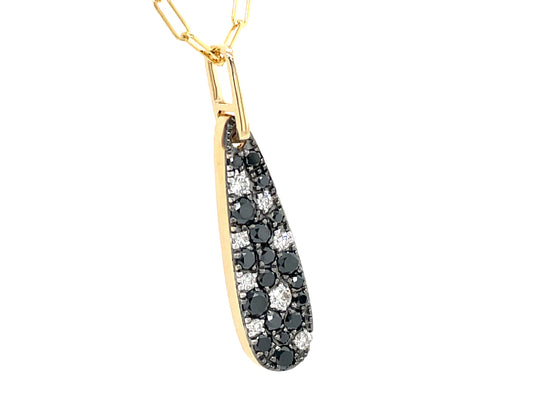 BLACK & WHITE DIAMOND PAVE PEAR PENDANT, 22X7MM, 18' PAPER CLIP CHAIN, 14KY (R)