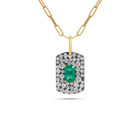Emerald & Diamond Mosaic Dog Tag Necklace