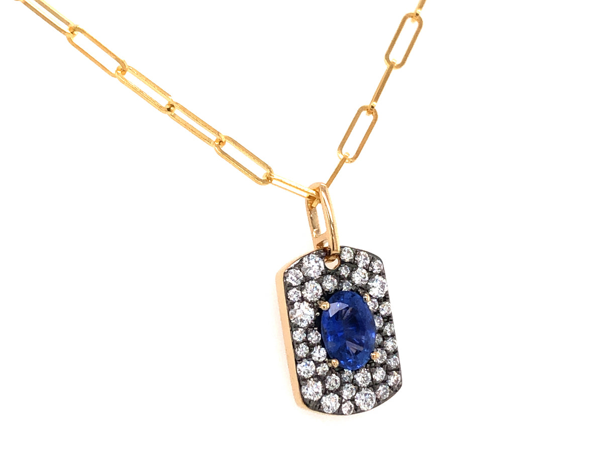 SAPPHIRE & DIAMOND PENDANT, BLACK FINISH PRONGS, PAPERCLUP CHAIN, 14KY (H)