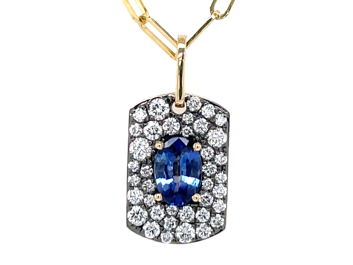 SAPPHIRE & DIAMOND PENDANT, BLACK FINISH PRONGS, PAPERCLUP CHAIN, 14KY (H)