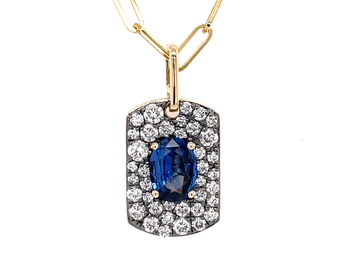 SAPPHIRE & DIAMOND PENDANT, BLACK FINISH PRONGS, PAPERCLUP CHAIN, 14KY (H)