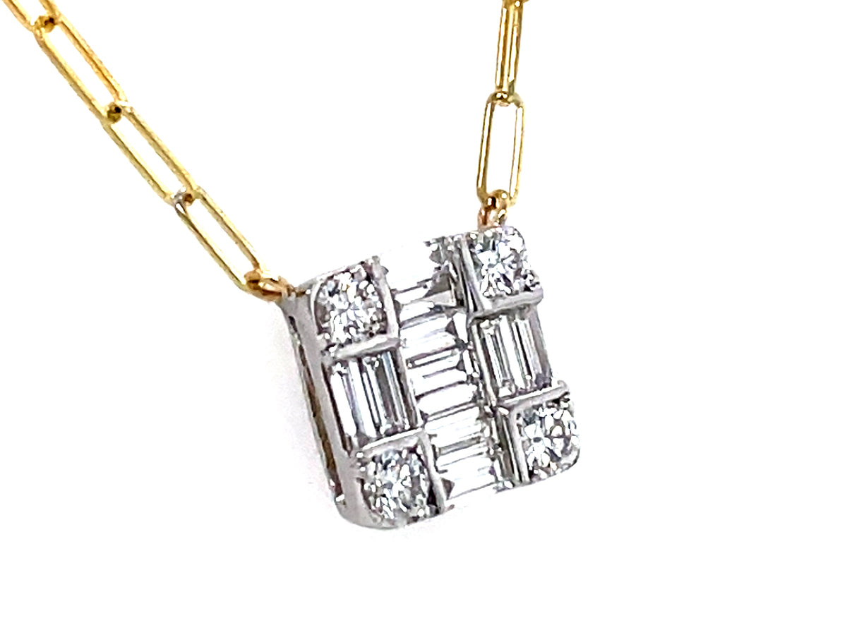 Diamond Baguette Necklace, 18" Paperclip Chain, 9x9mm