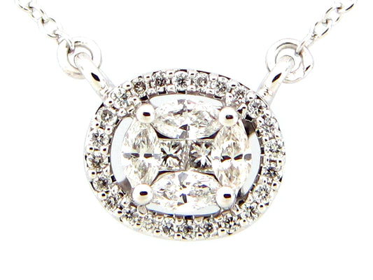 DIAMOND OVAL PENDANT NECKLACE, 18"/16", 14KW (N)