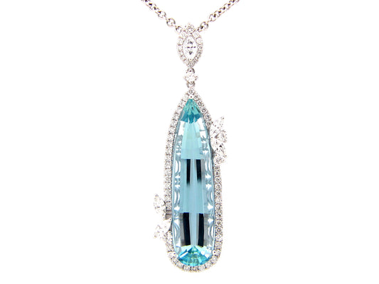 AQUAMARINE & DIAMOND TEAR DROP PENDANT , 18KW (H)