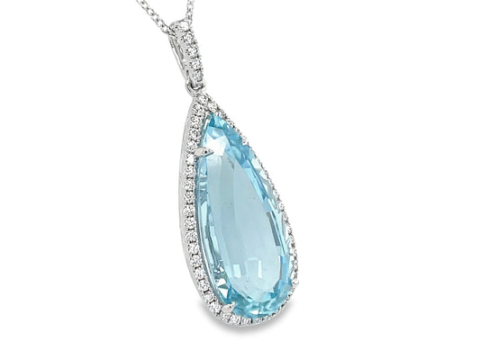 AQUAMARINE PEAR & DIAMOND HALO PENDANT, 25X12MM
