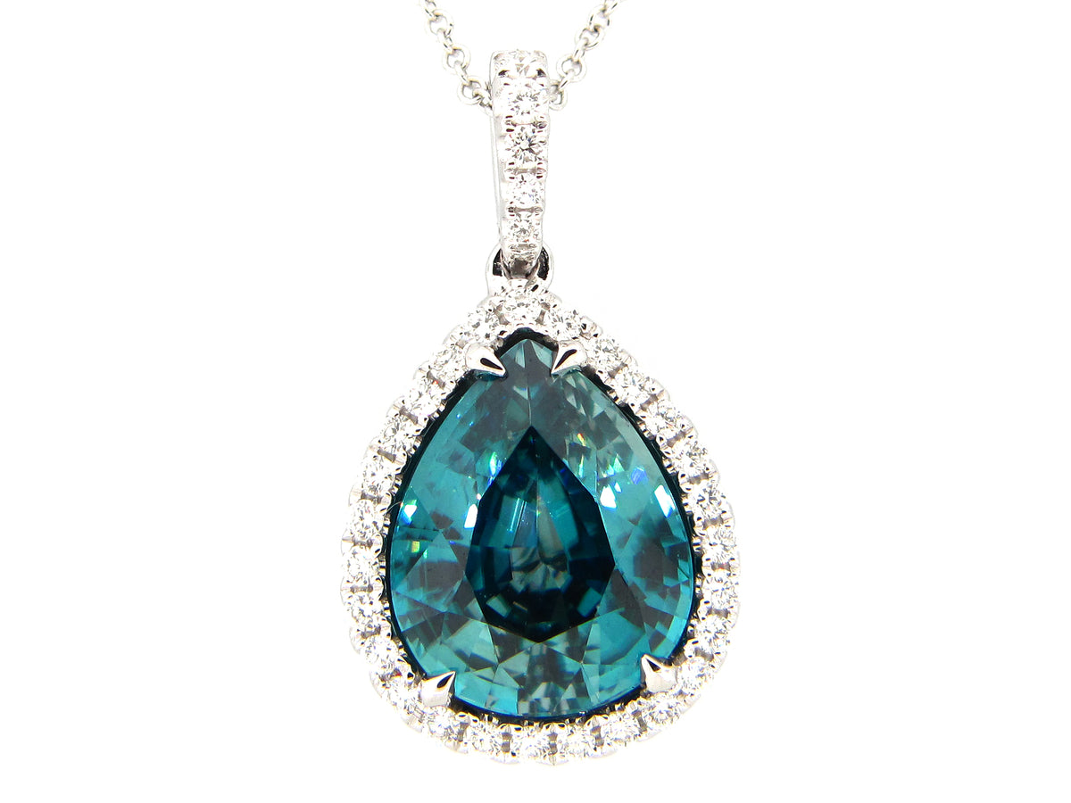 BLUE ZIRCON & DIAMOND PENDANT, 18KW (H)