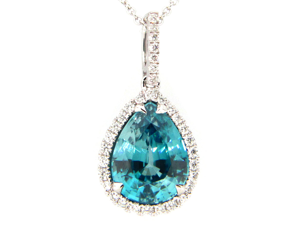 BLUE ZIRCON & DIAMOND PENDANT, 18KW (H)