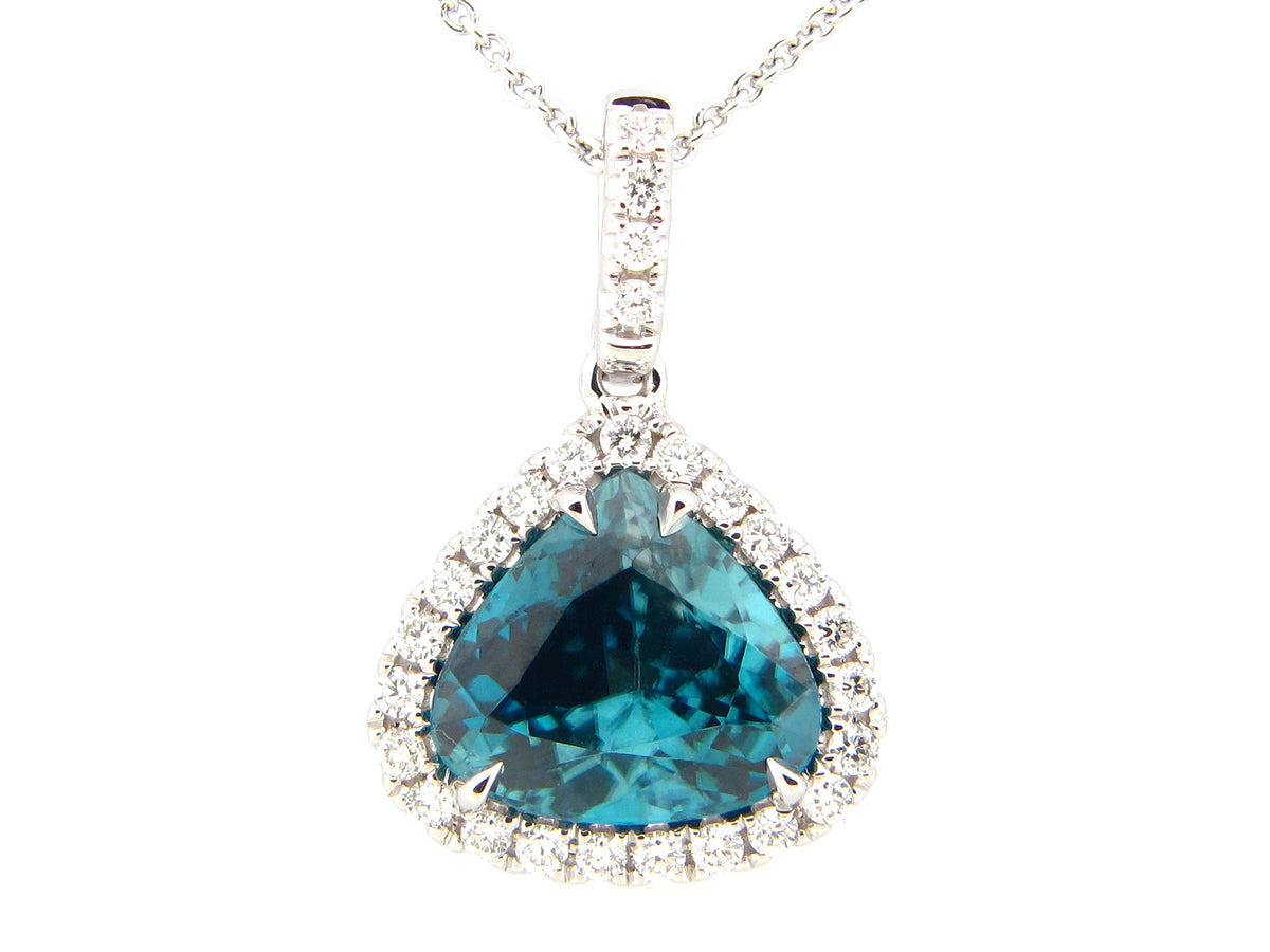 BLUE ZIRCON & DIAMOND PENDANT, 18" CHAIN, 18KW (H)