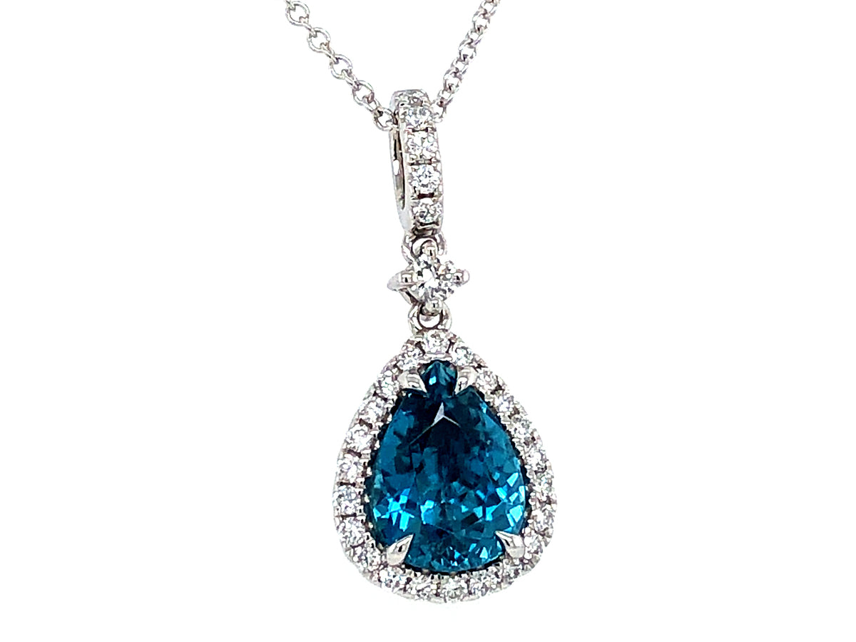 BLUE ZIRCON PEAR SHAPE & DIAMOND PENDANT, 18"/16" CHAIN, 18KW (H)