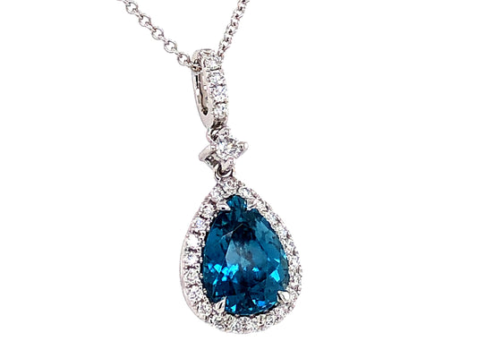 BLUE ZIRCON PEAR SHAPE & DIAMOND PENDANT, 18"/16" CHAIN, 18KW (H)
