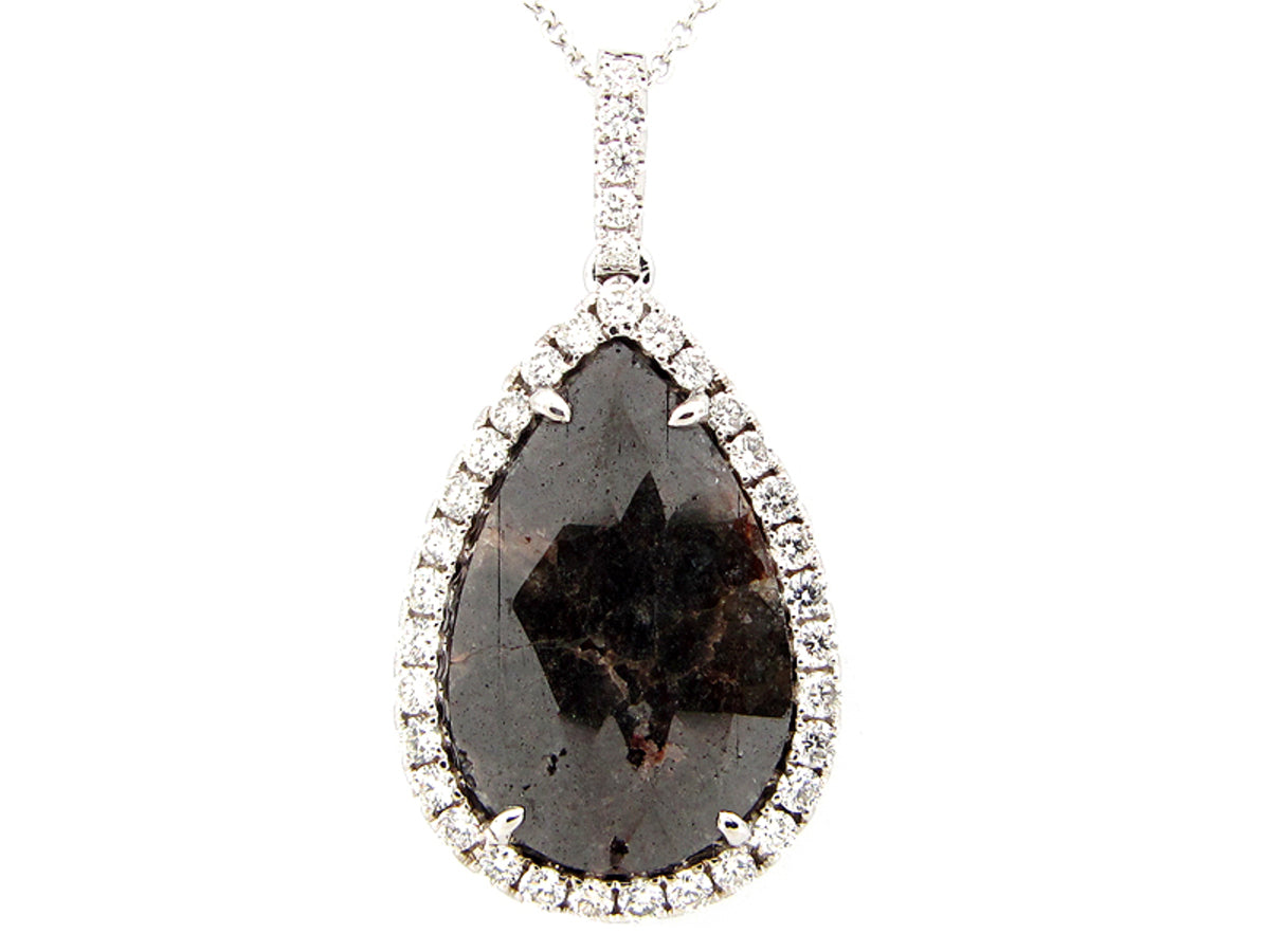ROSE ROUGH CUT BLACK AND WHITE DIAMOND PENDANT, 18KW (N)