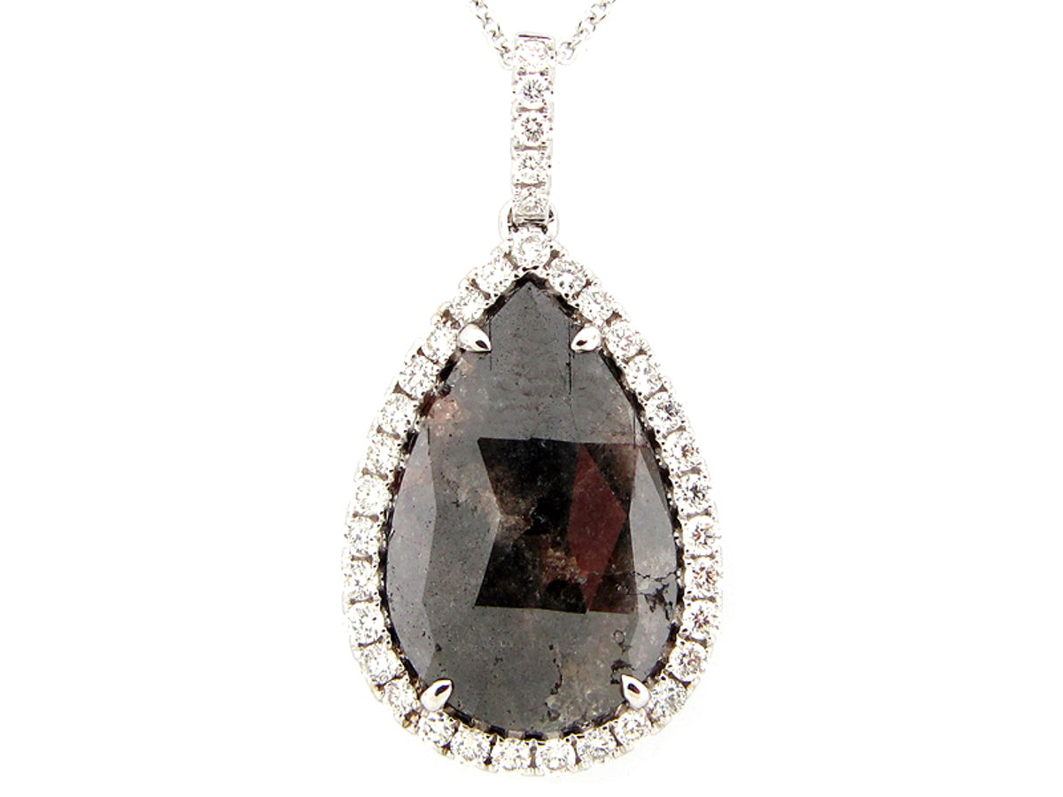 ROSE ROUGH CUT BLACK AND WHITE DIAMOND DIAMOND PENDANT, 18KW (N)