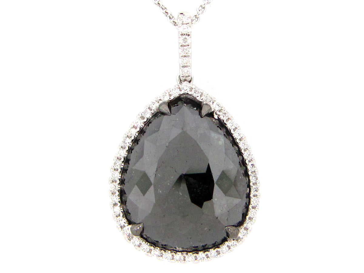 ROSE CUT BLACK AND WHITE DIAMOND PENDANT, 18KW (R)