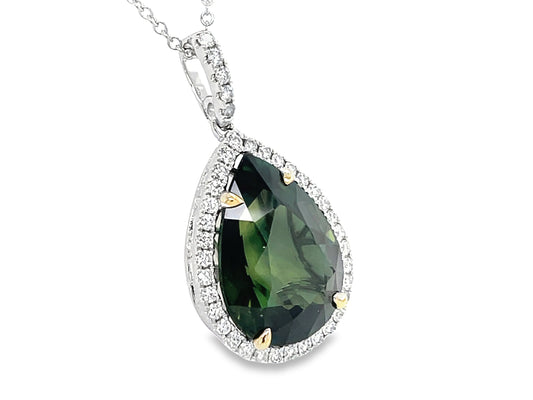 GREEN SAPPHIRE PEAR & DIAMOND HALO PENDANT, 17X13MM, 18KWY (H)