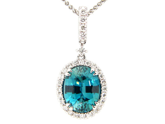 BLUE ZIRCON & DIAMOND PENDANT, 18KW (H)