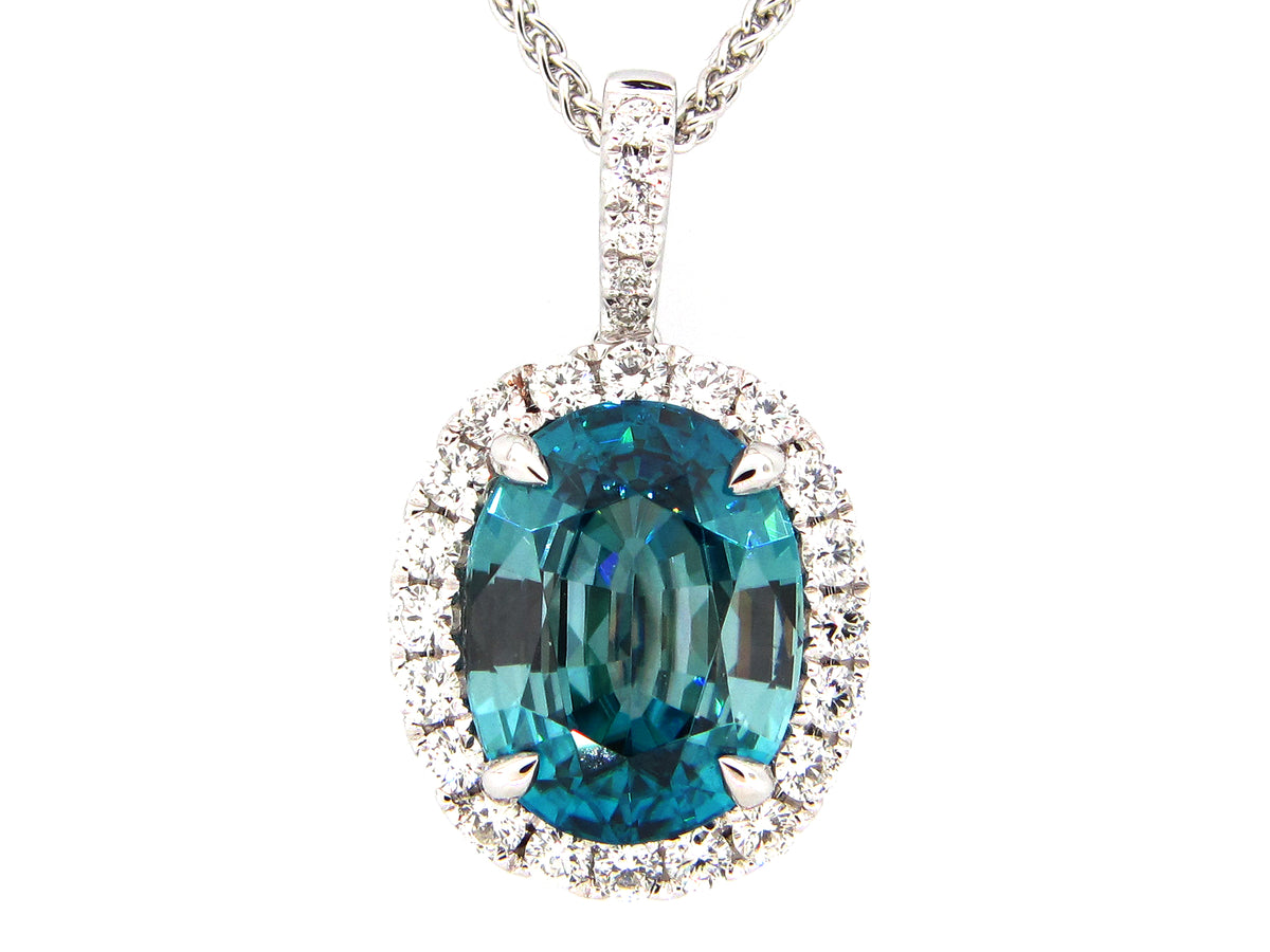 BLUE ZIRCON & DIAMOND PENDANT, 18KW (H)