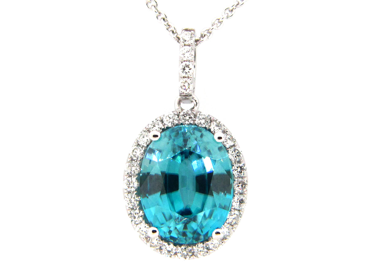 BLUE ZIRCON & DIAMOND PENDANT, 18KW (H)