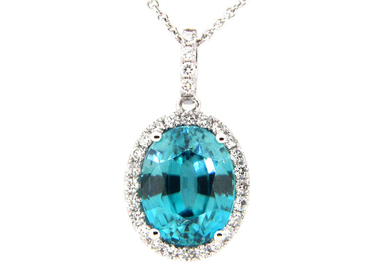 BLUE ZIRCON & DIAMOND PENDANT, 18KW (H)