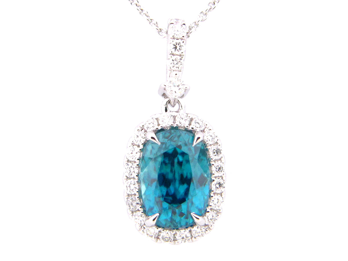 BLUE ZIRCON & DIAMOND PENDANT, 18" CHAIN, 18KW (H)