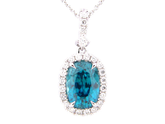 BLUE ZIRCON & DIAMOND PENDANT, 18" CHAIN, 18KW (H)