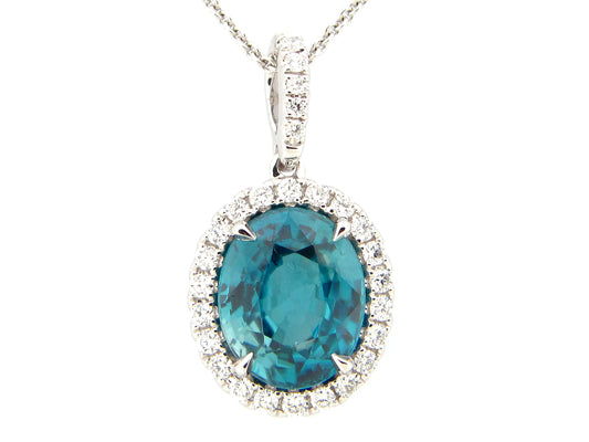 BLUE ZIRCON & DIAMOND PENDANT, 18" CHAIN, 18KW (H)