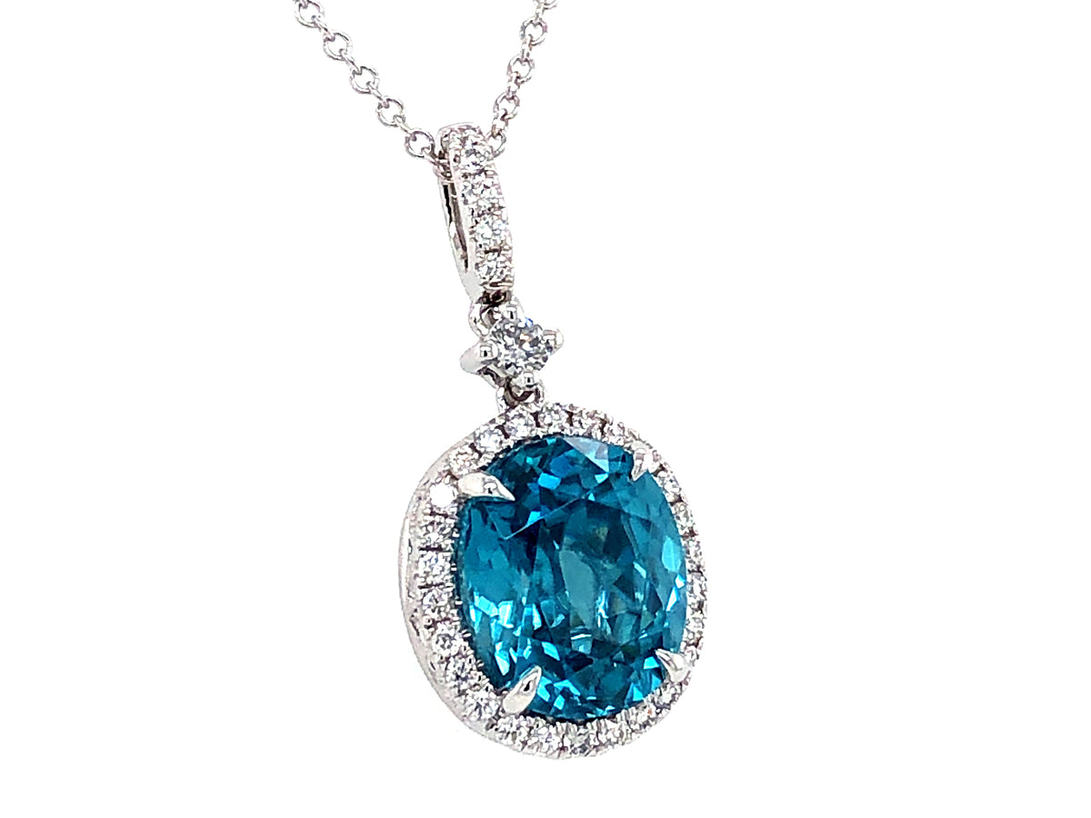 BLUE ZIRCON OVAL & DIAMOND PENDANT, 18"/16" CHAIN, 18KW (H)