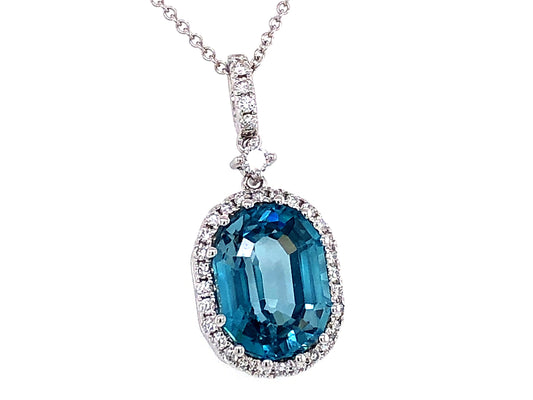 BLUE ZIRCON OVAL & DIAMOND PENDANT, 18"/16" CHAIN, 18KW (H)