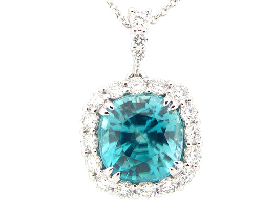BLUE ZIRCON & DIAMOND PENDANT, 18KW (H)
